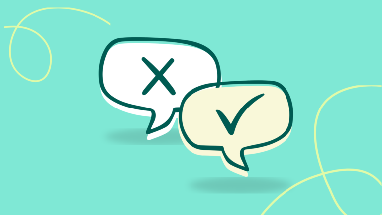 Speech bubbles with tick and cross - talking about consent